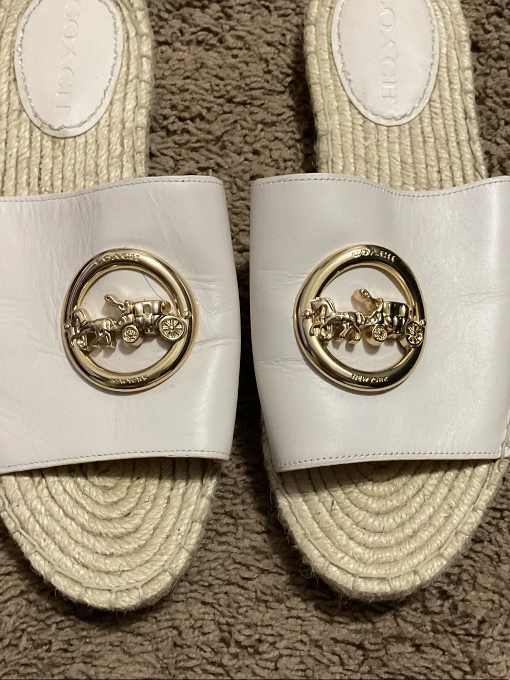 Coach White Leather Slide Sandals with Gold Coach Horse & Carriage Emblem